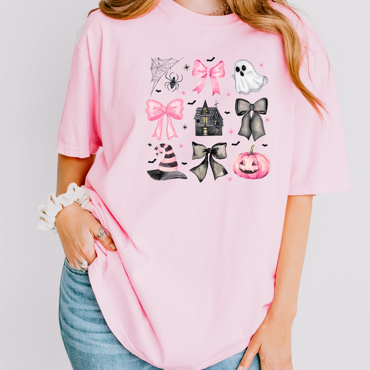 Imperial The Label Spooky Bows Pumpkins and Witch Vibes Printed Comfort Colors T-Shirt 