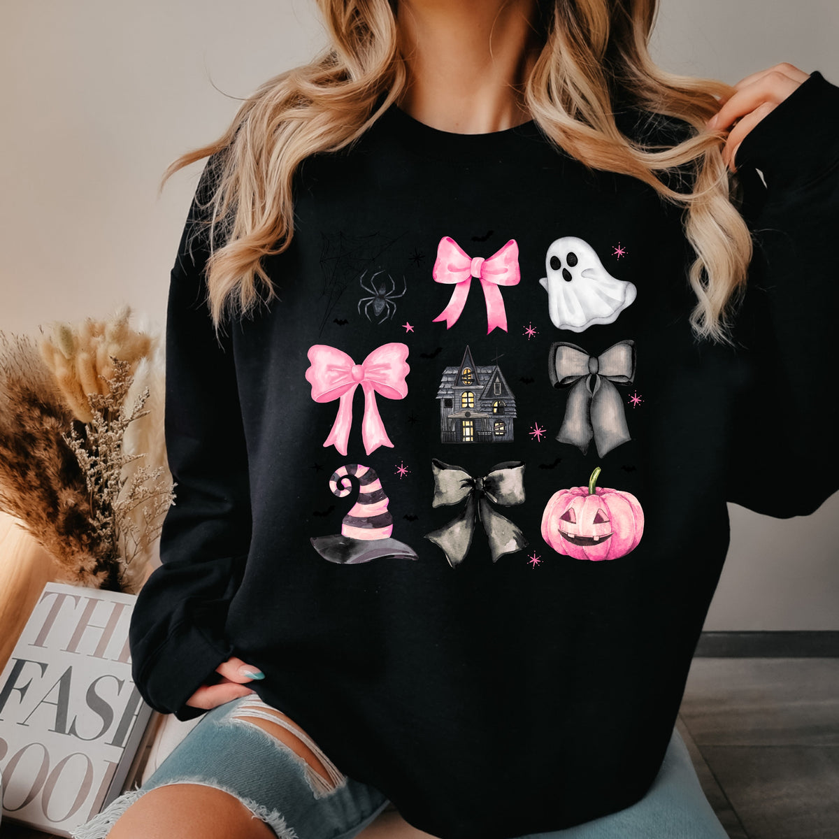 Spooky Bows Pumpkins and Witch Vibes - Adult Crewneck Sweatshirt