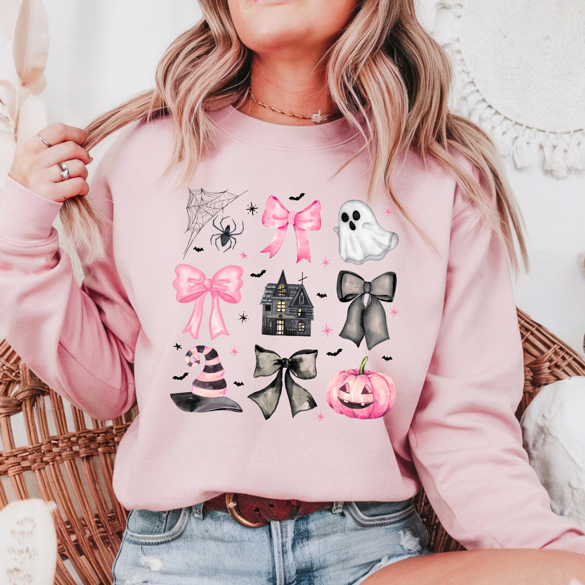 Spooky Bows Pumpkins and Witch Vibes - Adult Crewneck Sweatshirt