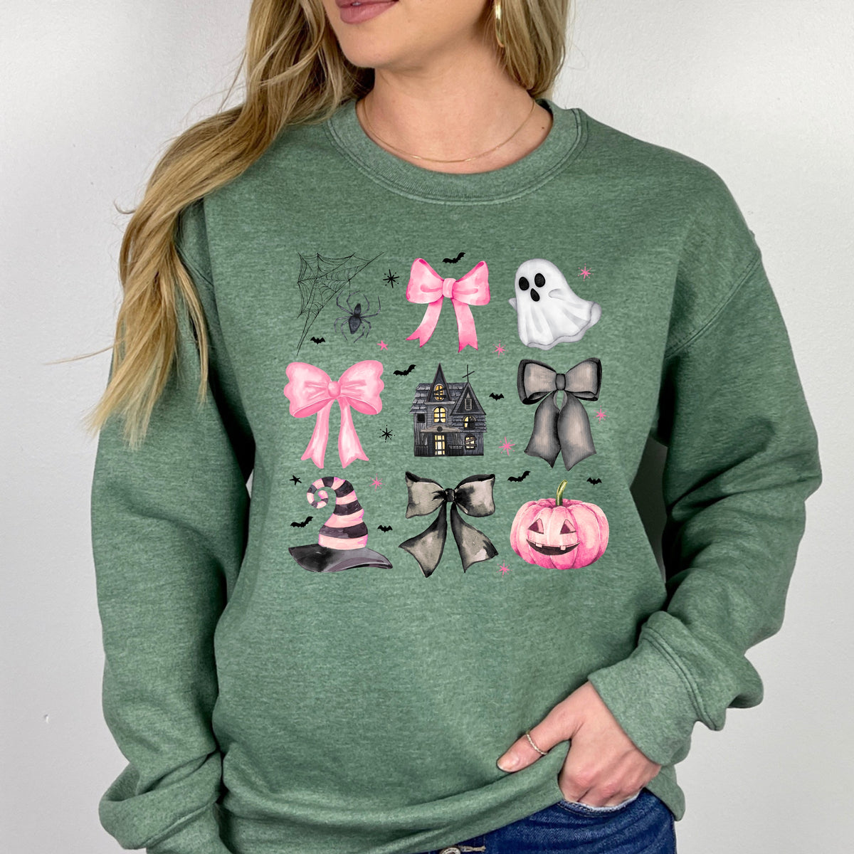 Spooky Bows Pumpkins and Witch Vibes - Adult Crewneck Sweatshirt