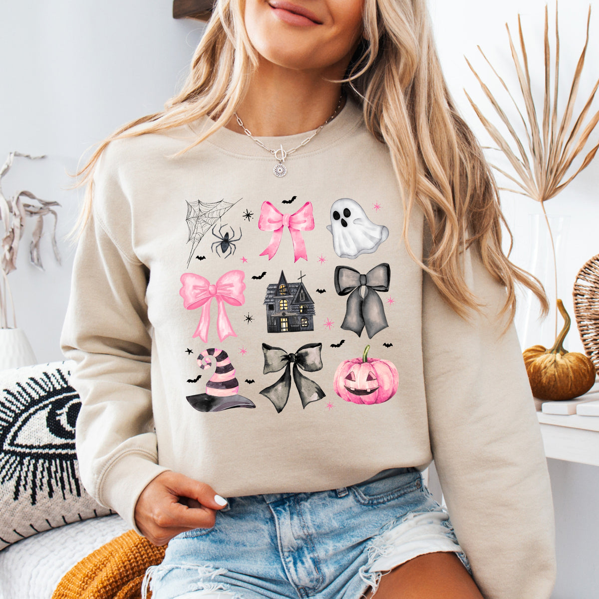 Spooky Bows Pumpkins and Witch Vibes - Adult Crewneck Sweatshirt