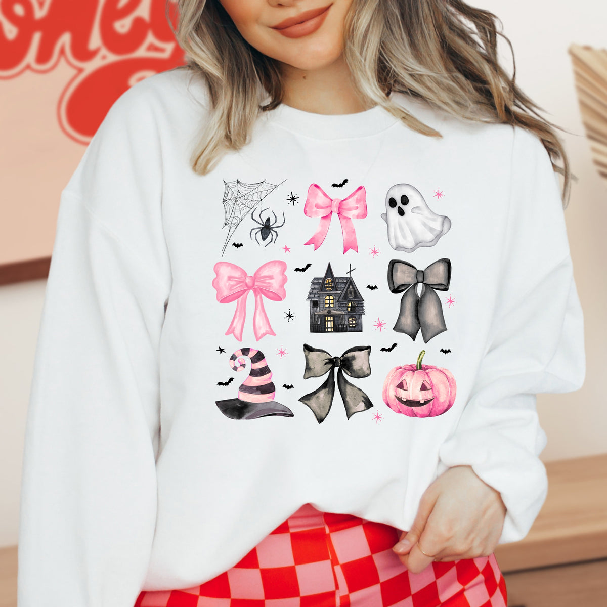 Spooky Bows Pumpkins and Witch Vibes - Adult Crewneck Sweatshirt