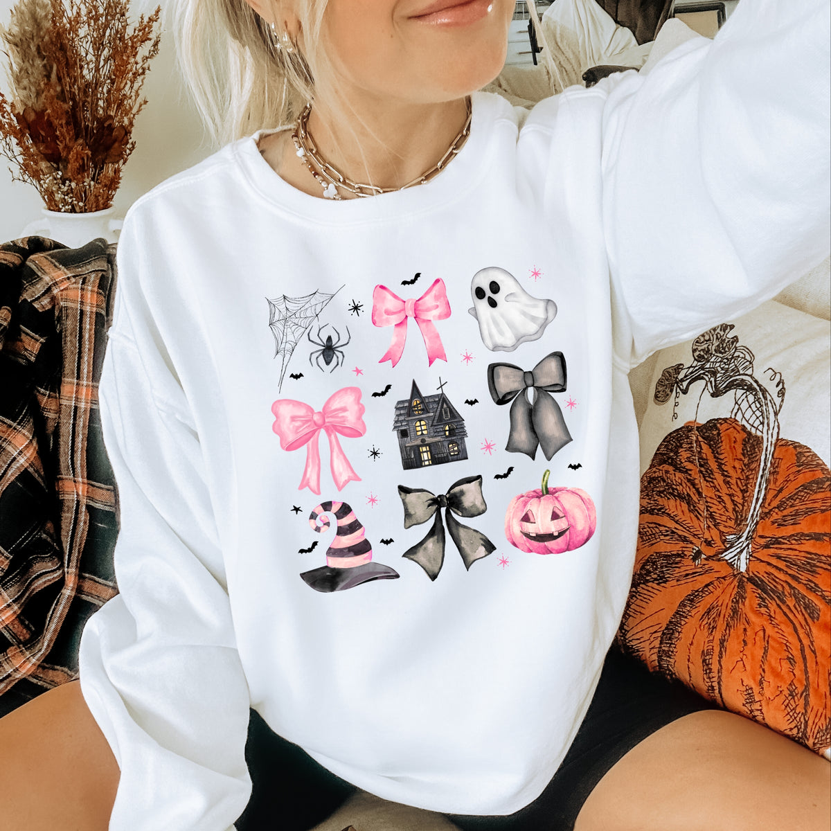 Spooky Bows Pumpkins and Witch Vibes - Adult Crewneck Sweatshirt