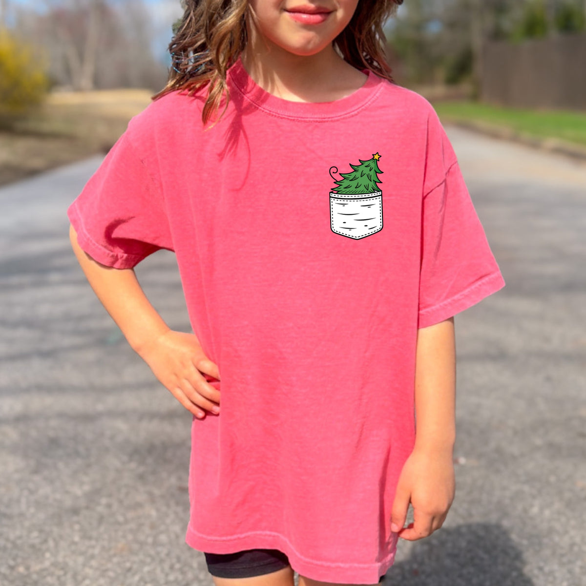 Christmas Tree Pocket Print Kids - Youth Comfort Colors T-Shirt