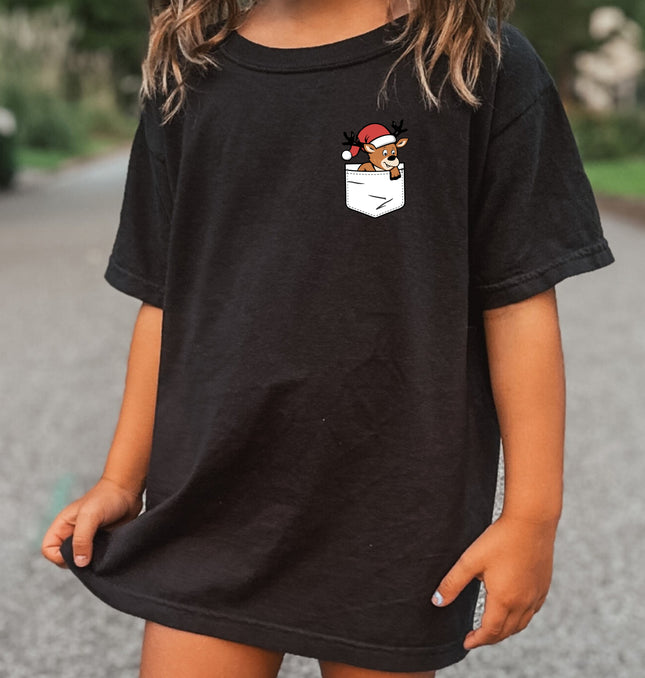 Christmas Deer Pocket Print Kids - Youth Comfort Colors T-Shirt