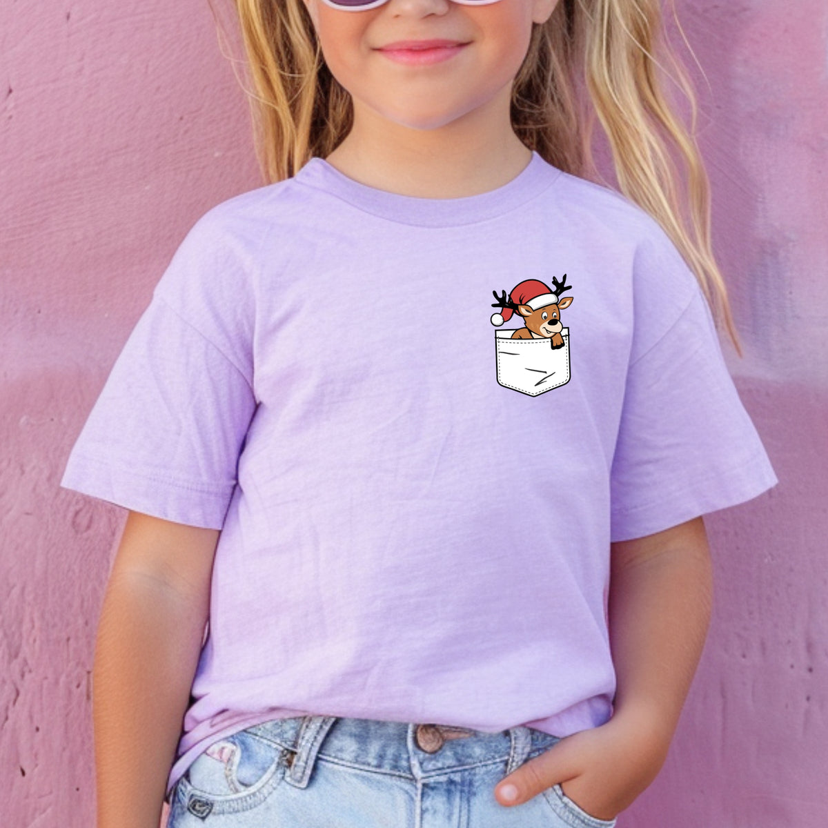 Christmas Deer Pocket Print Kids - Youth Comfort Colors T-Shirt
