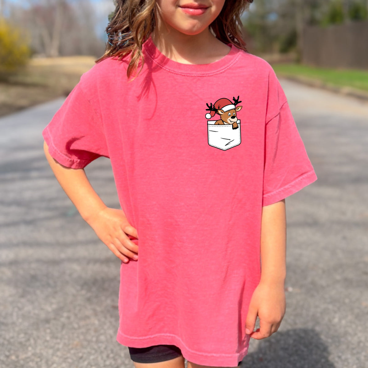 Christmas Deer Pocket Print Kids - Youth Comfort Colors T-Shirt