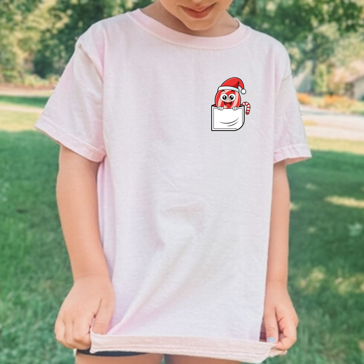 Christmas Candy Pocket Print Kids - Youth Comfort Colors T-Shirt