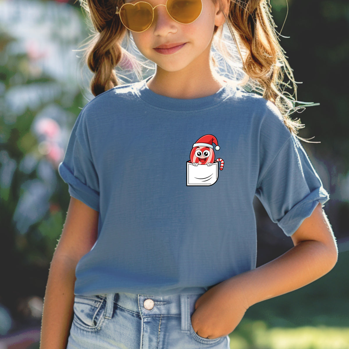 Christmas Candy Pocket Print Kids - Youth Comfort Colors T-Shirt