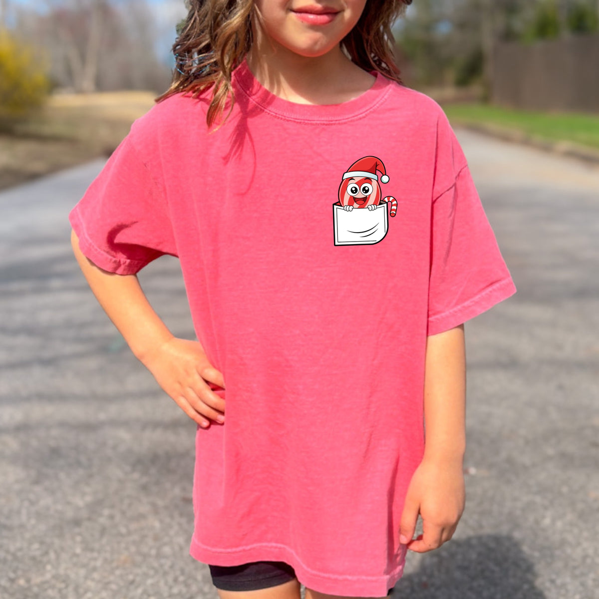 Christmas Candy Pocket Print Kids - Youth Comfort Colors T-Shirt