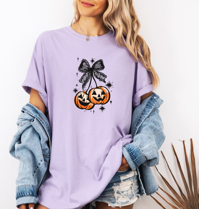 Halloween Cherry Pumpkins with Bow  Printed Comfort Colors T-Shirt 