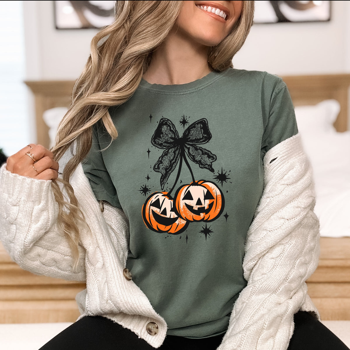 Halloween Cherry Pumpkins with Bow  Printed Comfort Colors T-Shirt 