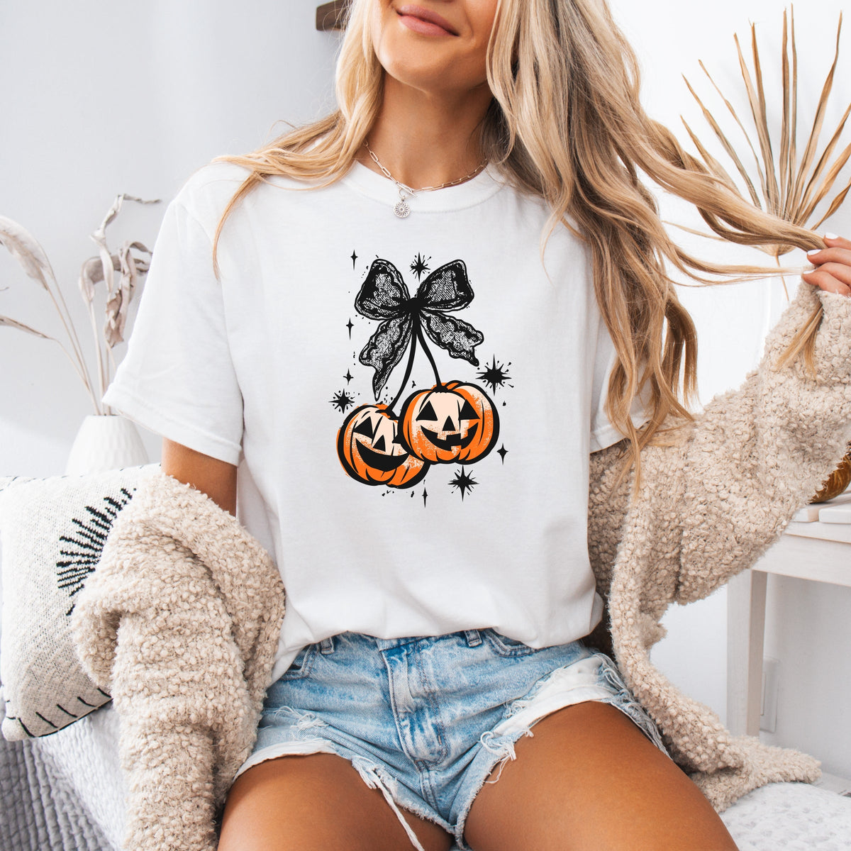 Halloween Cherry Pumpkins with Bow  Printed Comfort Colors T-Shirt 