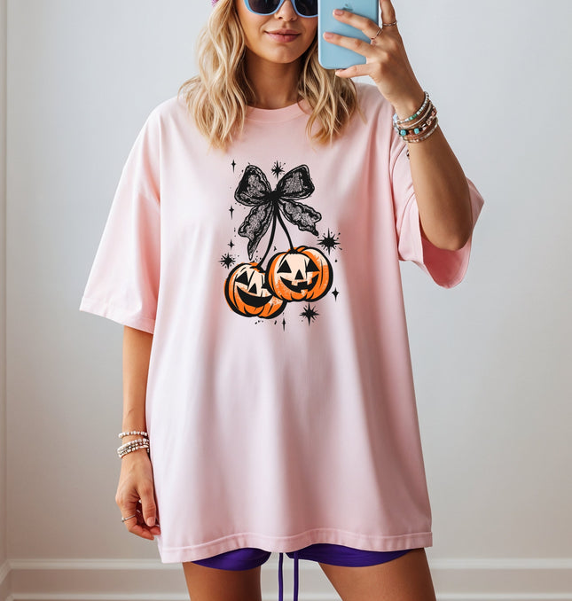 Halloween Cherry Pumpkins with Bow  Printed Comfort Colors T-Shirt 