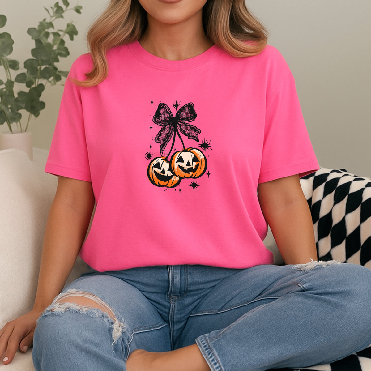 Halloween Cherry Pumpkins with Bow  Printed Comfort Colors T-Shirt 