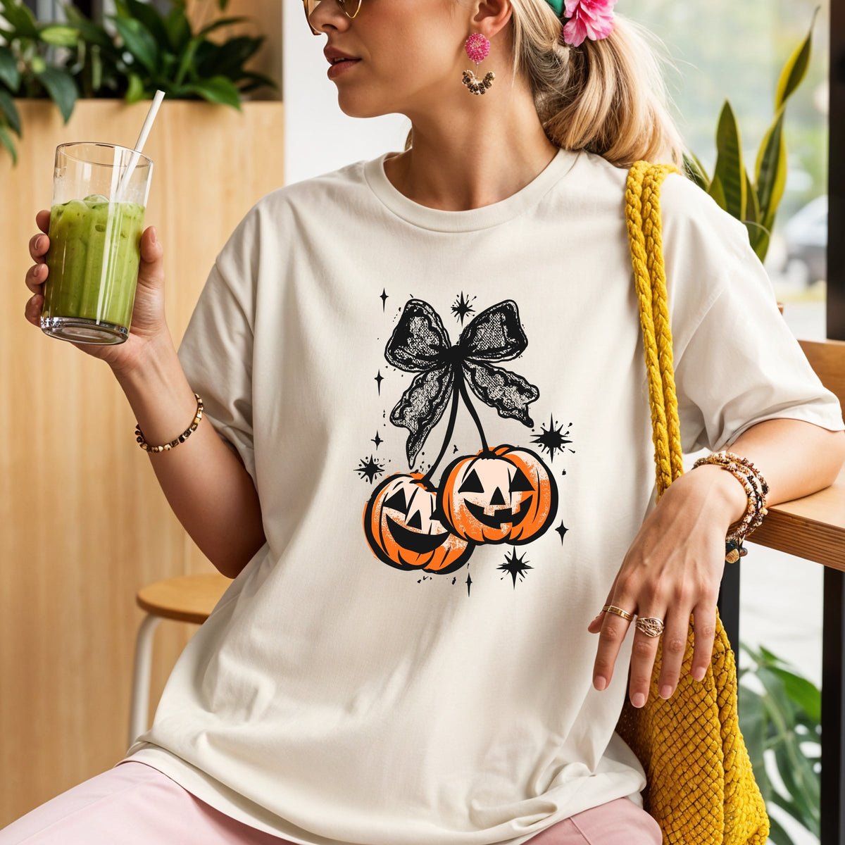 Halloween Cherry Pumpkins with Bow  Printed Comfort Colors T-Shirt 
