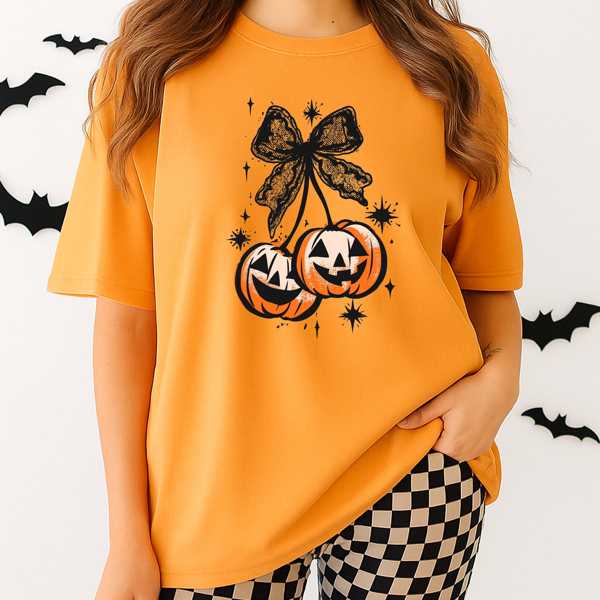 Halloween Cherry Pumpkins with Bow  Printed Comfort Colors T-Shirt 