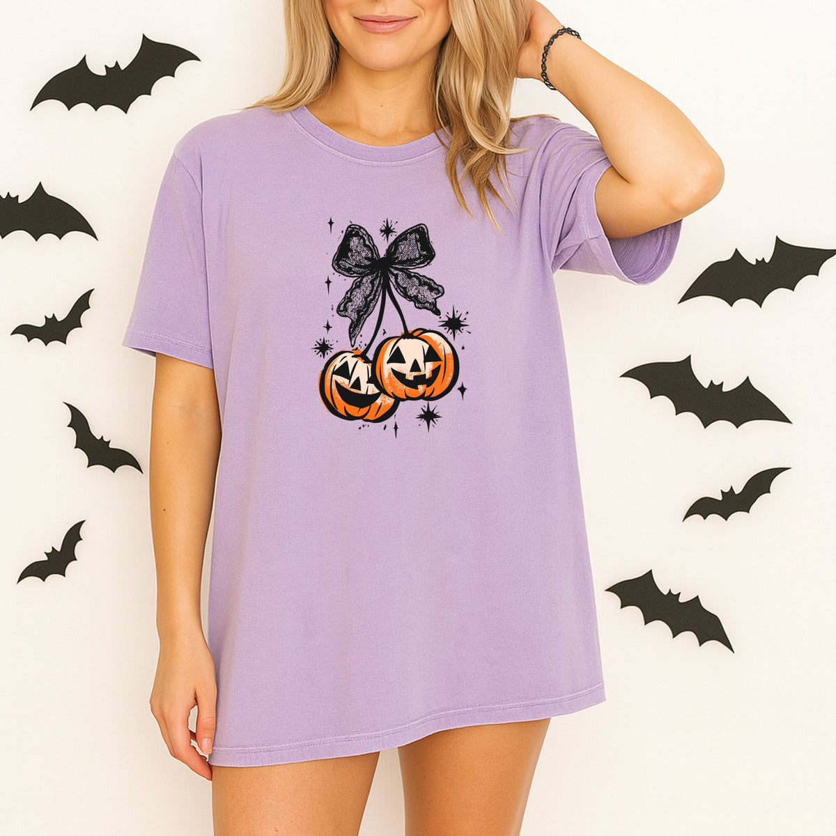 Halloween Cherry Pumpkins with Bow  Printed Comfort Colors T-Shirt 