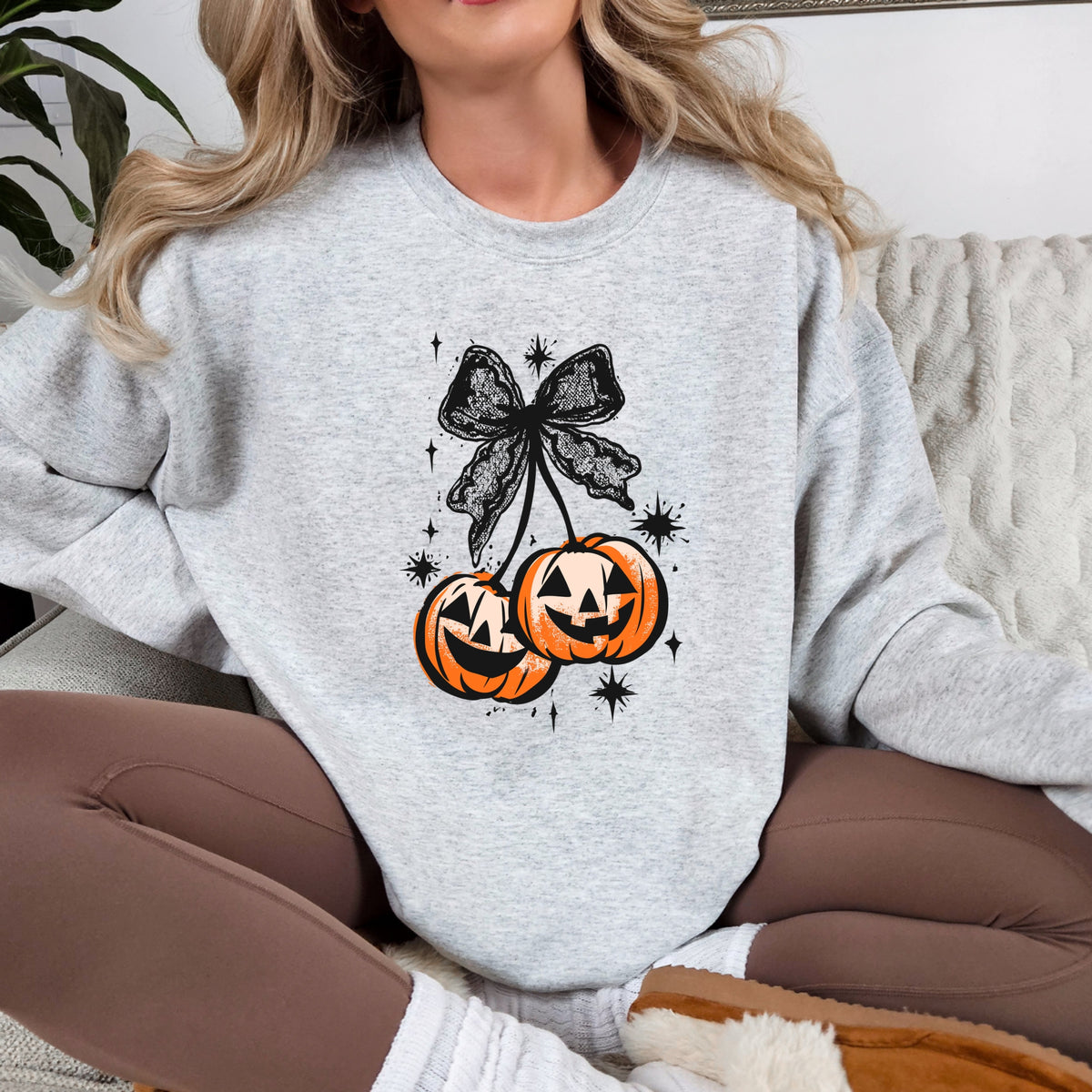 Halloween Cherry Pumpkins with Bow  - Crewneck Sweatshirt