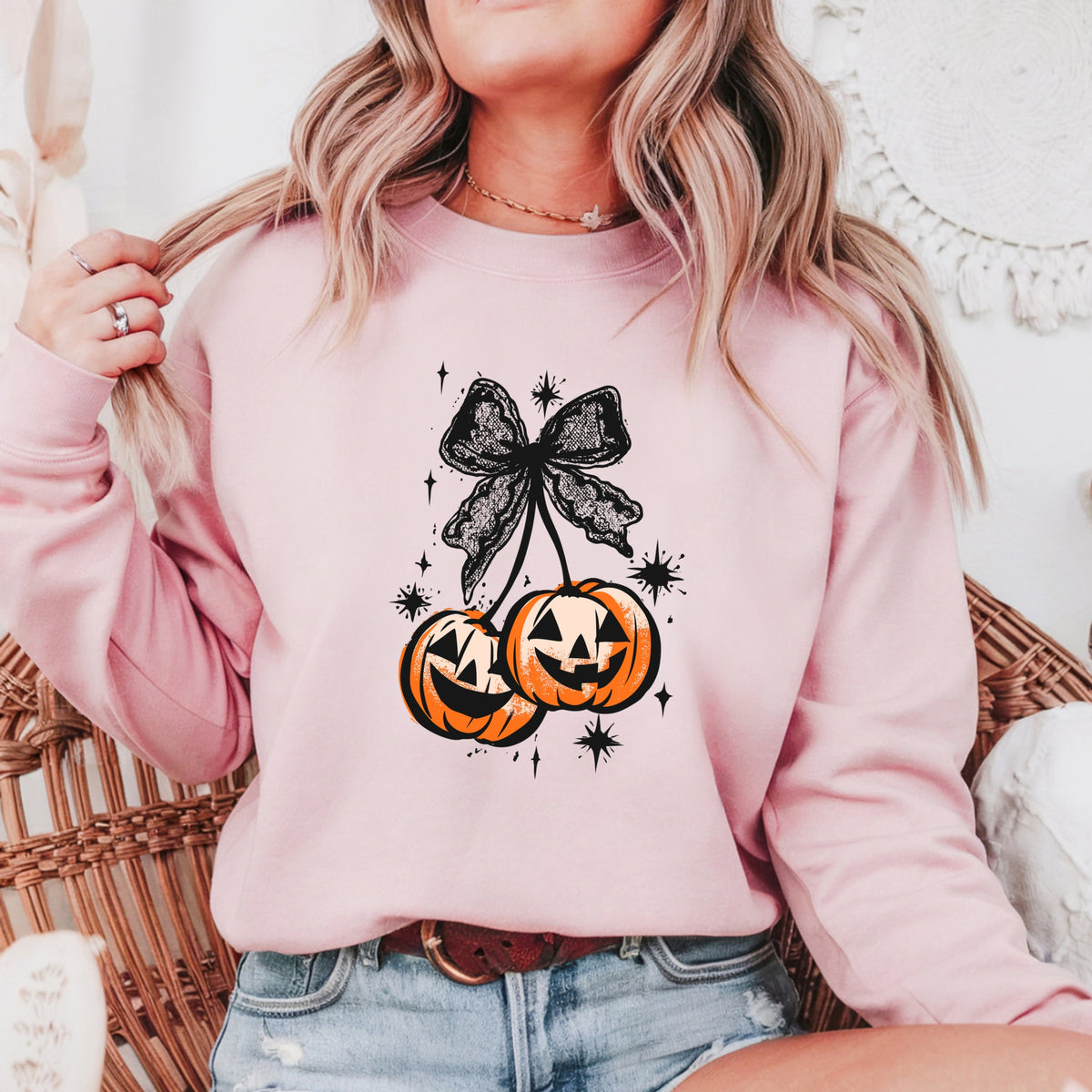 Halloween Cherry Pumpkins with Bow  - Crewneck Sweatshirt