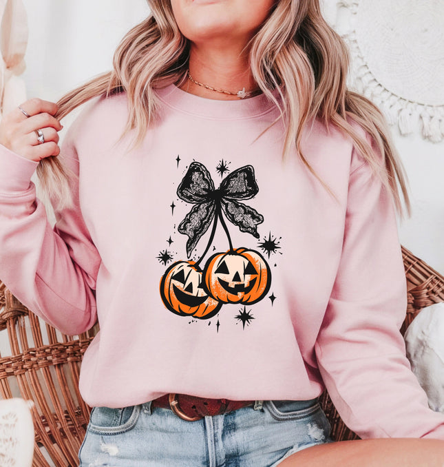 Halloween Cherry Pumpkins with Bow  - Crewneck Sweatshirt