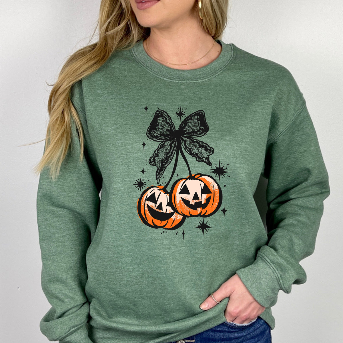 Halloween Cherry Pumpkins with Bow  - Adult Crewneck Sweatshirt