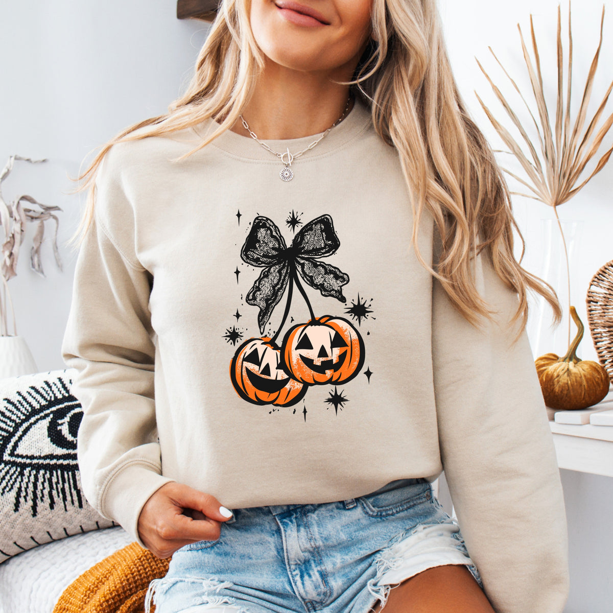Halloween Cherry Pumpkins with Bow  - Adult Crewneck Sweatshirt