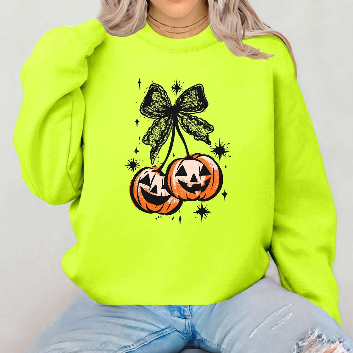 Halloween Cherry Pumpkins with Bow  - Adult Crewneck Sweatshirt