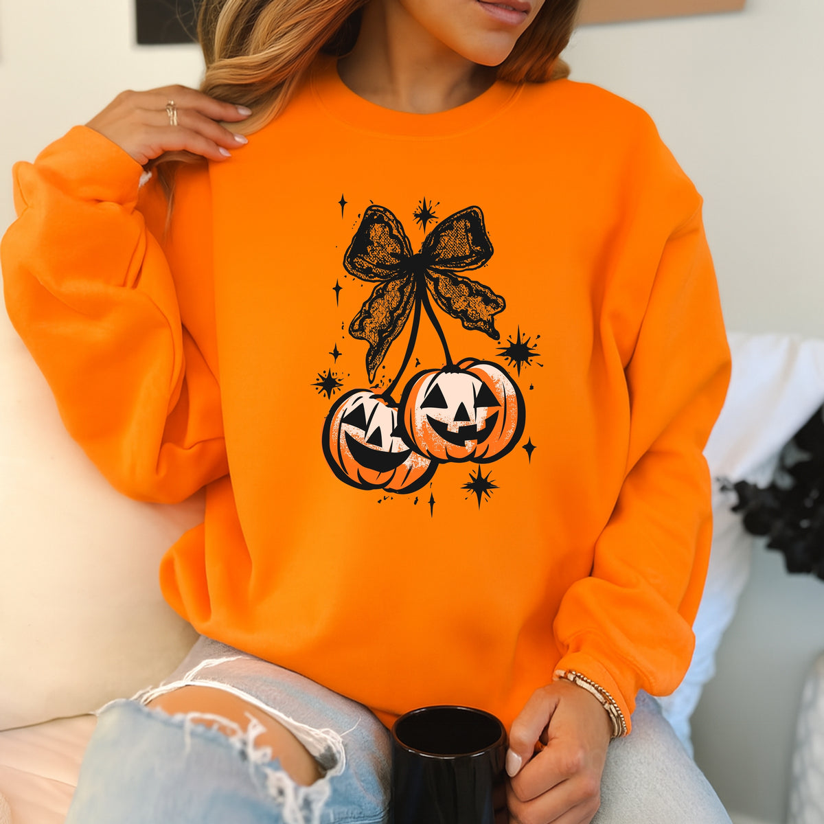 Halloween Cherry Pumpkins with Bow  - Adult Crewneck Sweatshirt