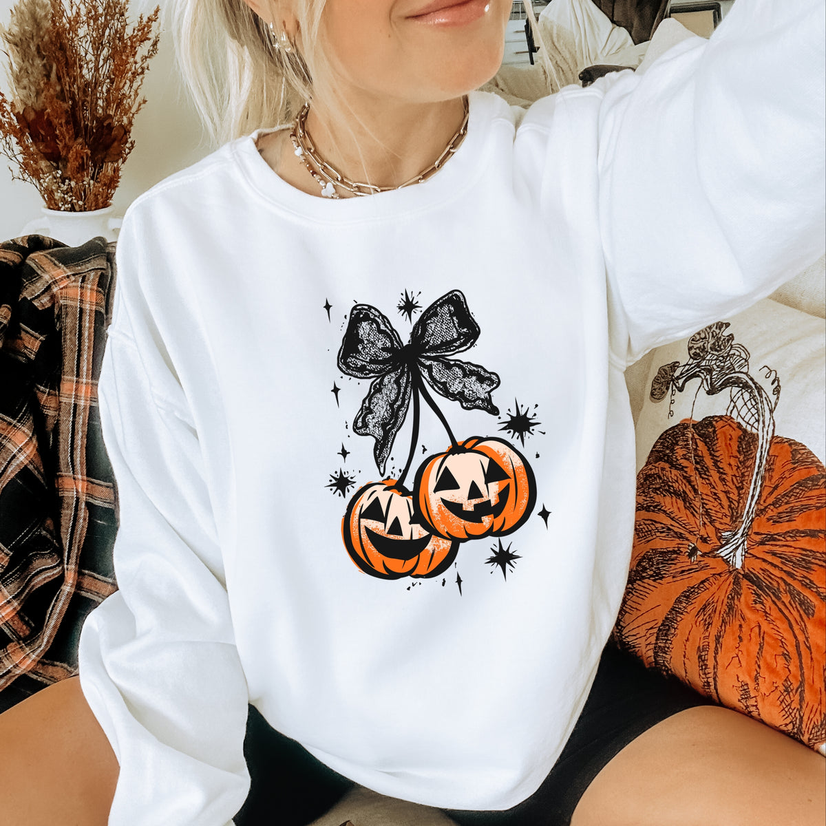 Halloween Cherry Pumpkins with Bow  - Adult Crewneck Sweatshirt