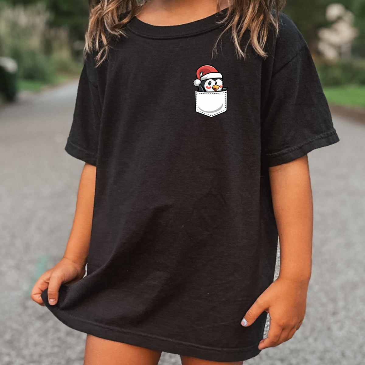 Christmas Penguin Pocket Print Kids - Youth Comfort Colors T-Shirt