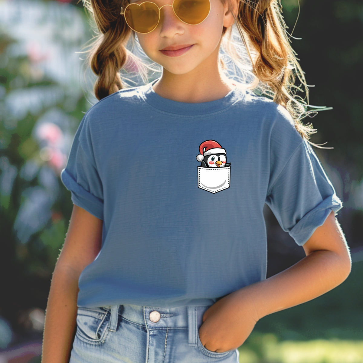 Christmas Penguin Pocket Print Kids - Youth Comfort Colors T-Shirt