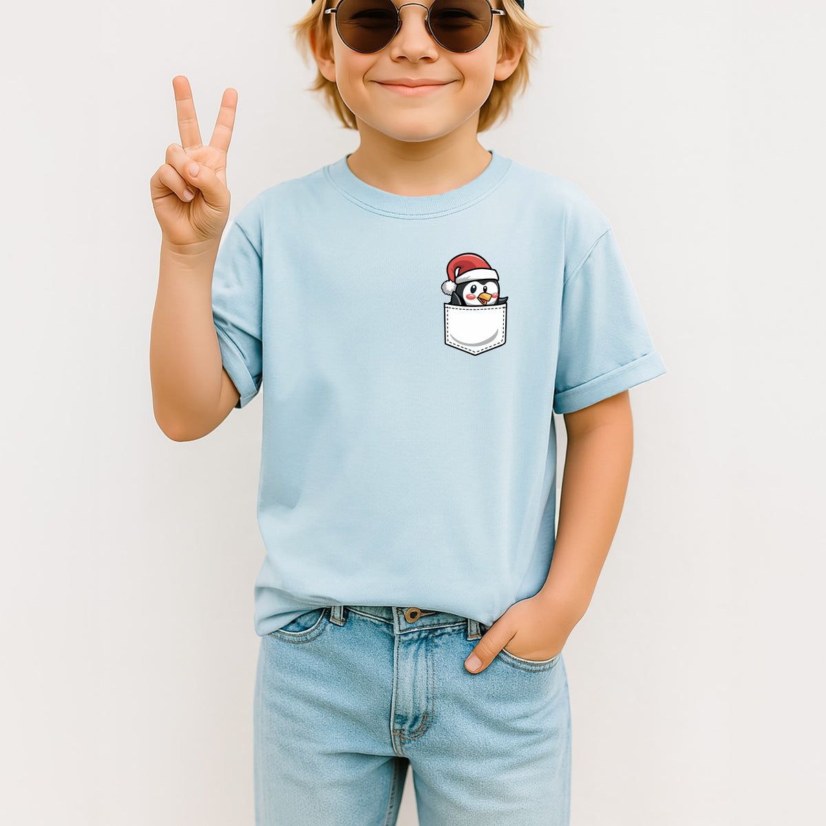Christmas Penguin Pocket Print Kids - Youth Comfort Colors T-Shirt