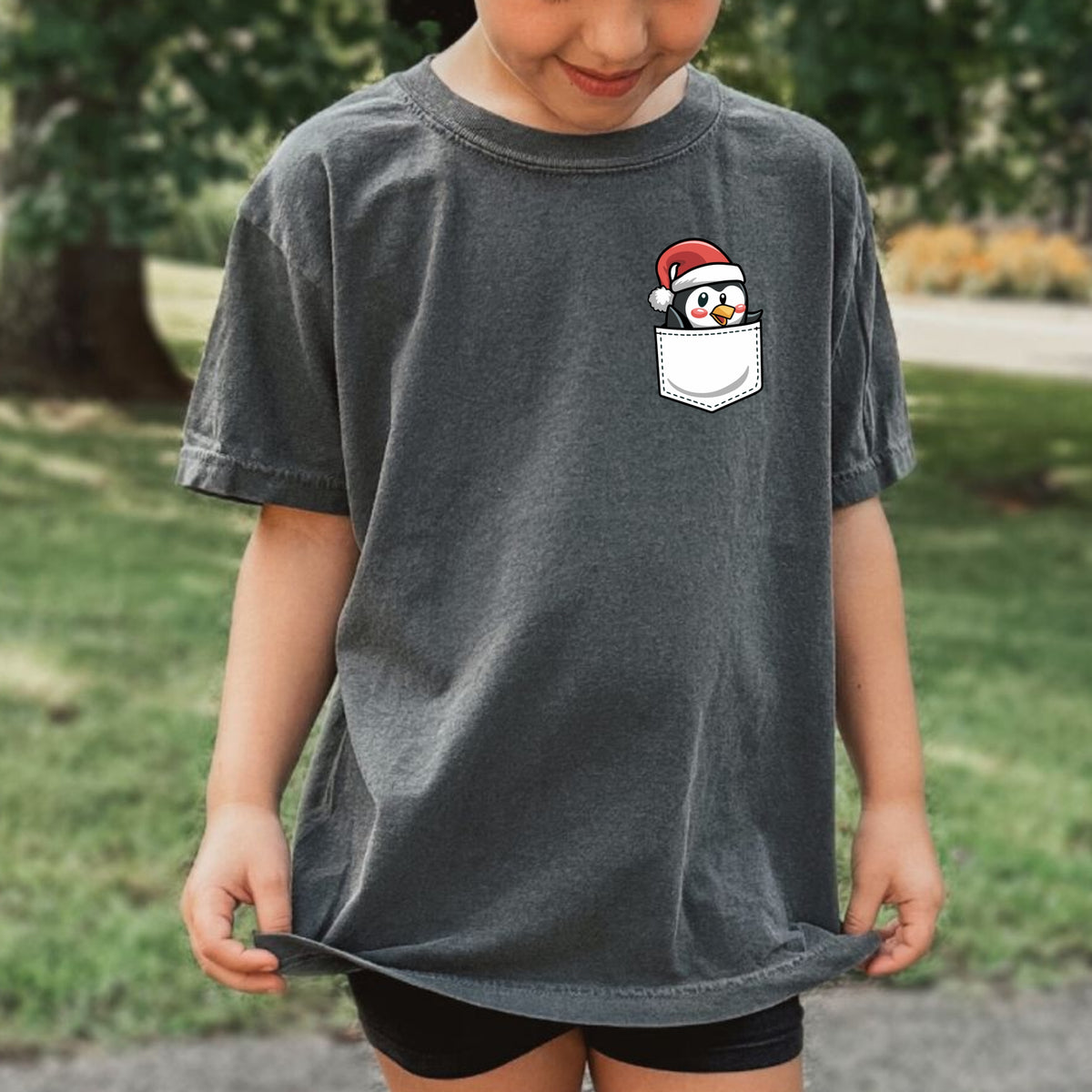 Christmas Penguin Pocket Print Kids - Youth Comfort Colors T-Shirt