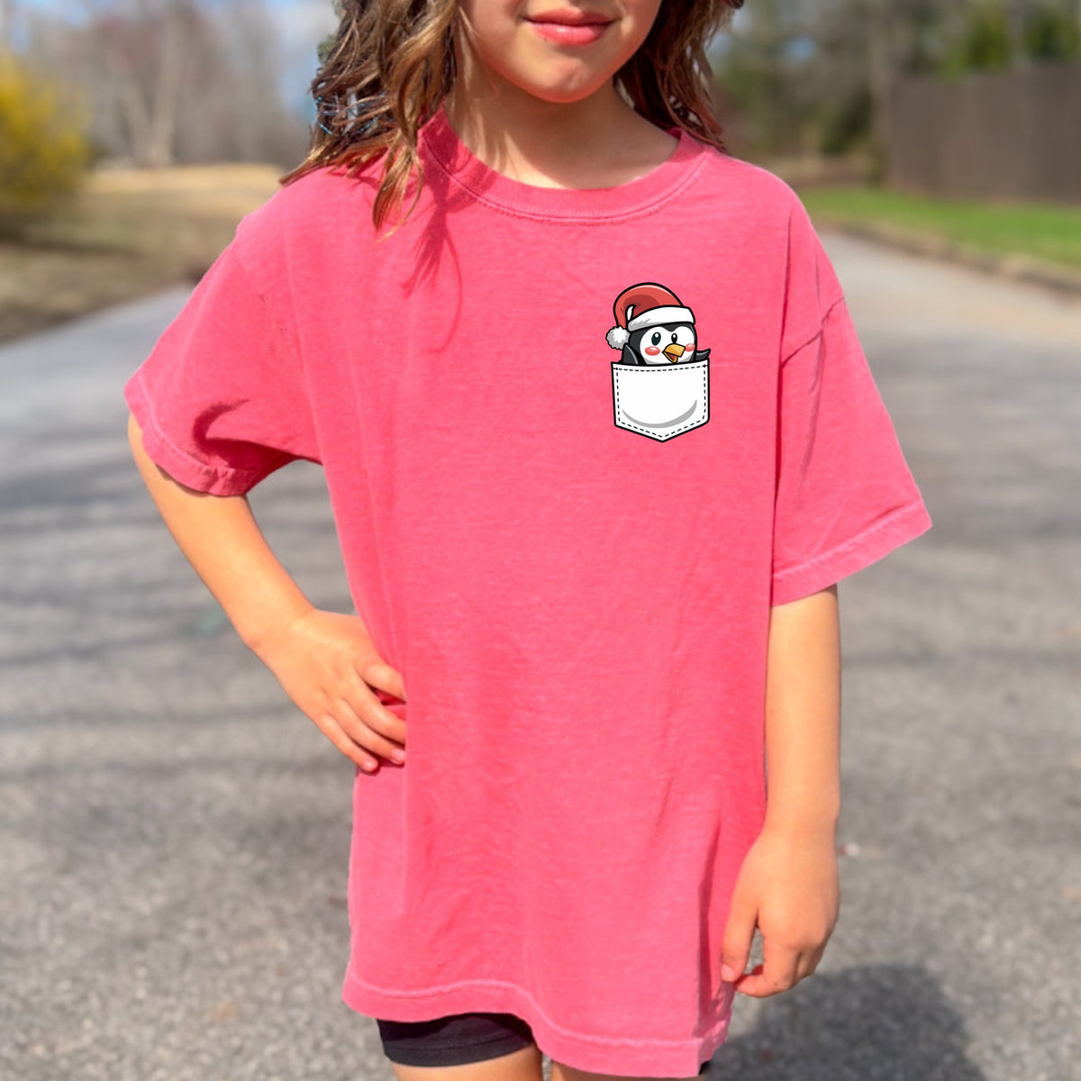 Christmas Penguin Pocket Print Kids - Youth Comfort Colors T-Shirt