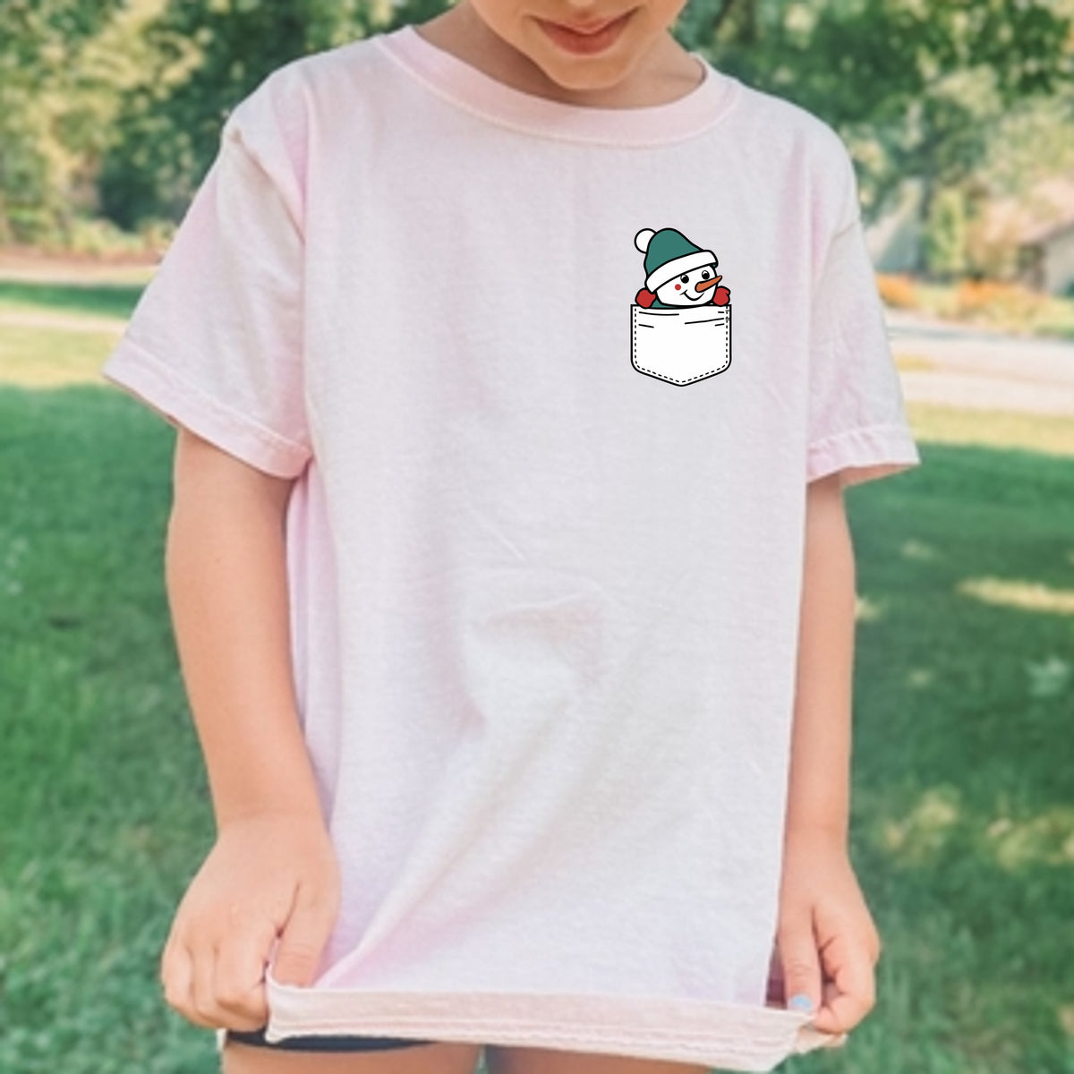 Christmas Snowman Pocket Print Kids - Youth Comfort Colors T-Shirt