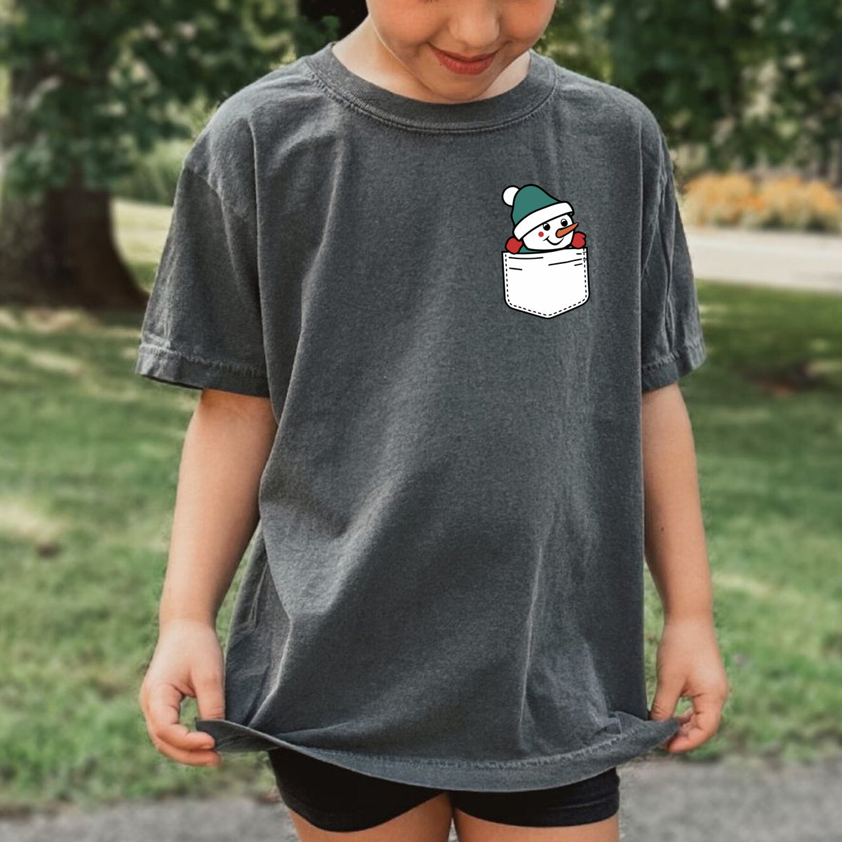 Christmas Snowman Pocket Print Kids - Youth Comfort Colors T-Shirt