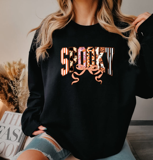 Cute Halloween Spooky Print Retro Ghosts & Pumpkins with Ribbon Printed Crewneck Sweatshirt