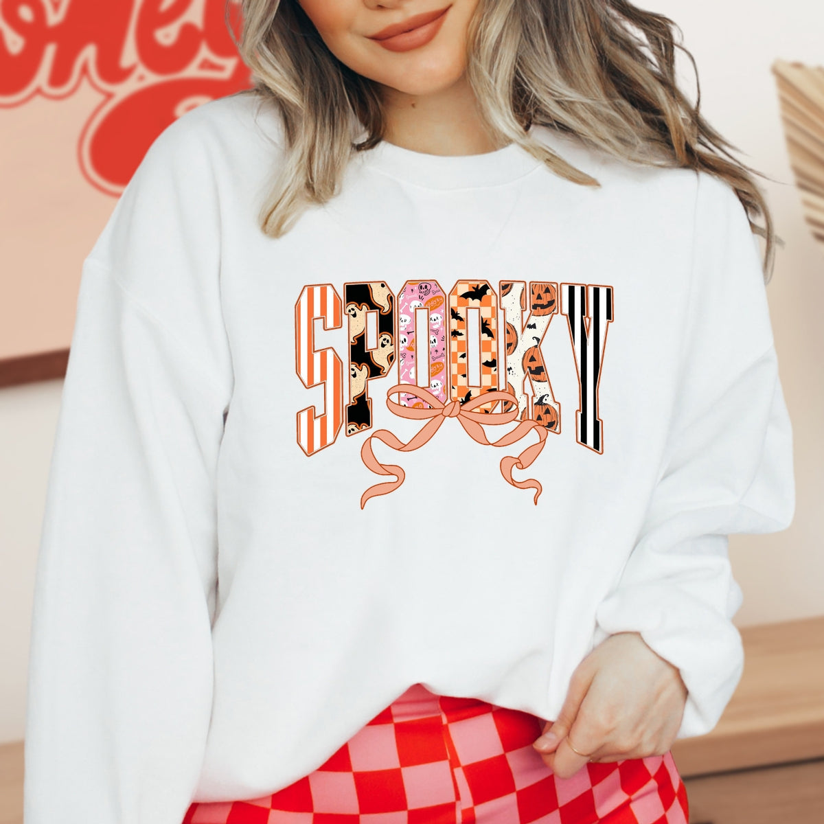 Cute Halloween Spooky Print Retro Ghosts & Pumpkins with Ribbon Printed Crewneck Sweatshirt