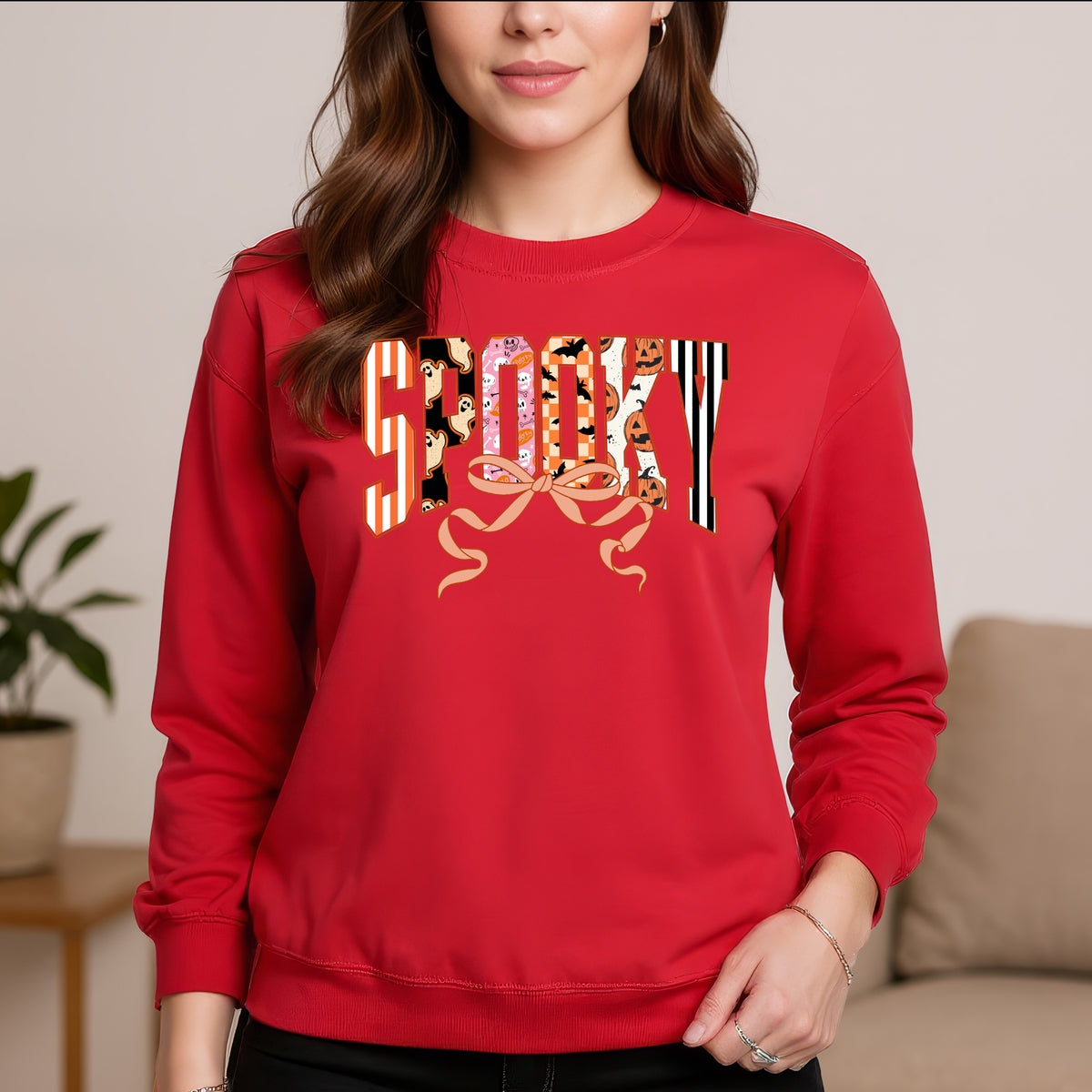 Cute Halloween Spooky Print Retro Ghosts & Pumpkins with Ribbon Printed Crewneck Sweatshirt