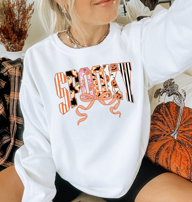 Cute Halloween Spooky Print Retro Ghosts & Pumpkins with Ribbon Printed Crewneck Sweatshirt