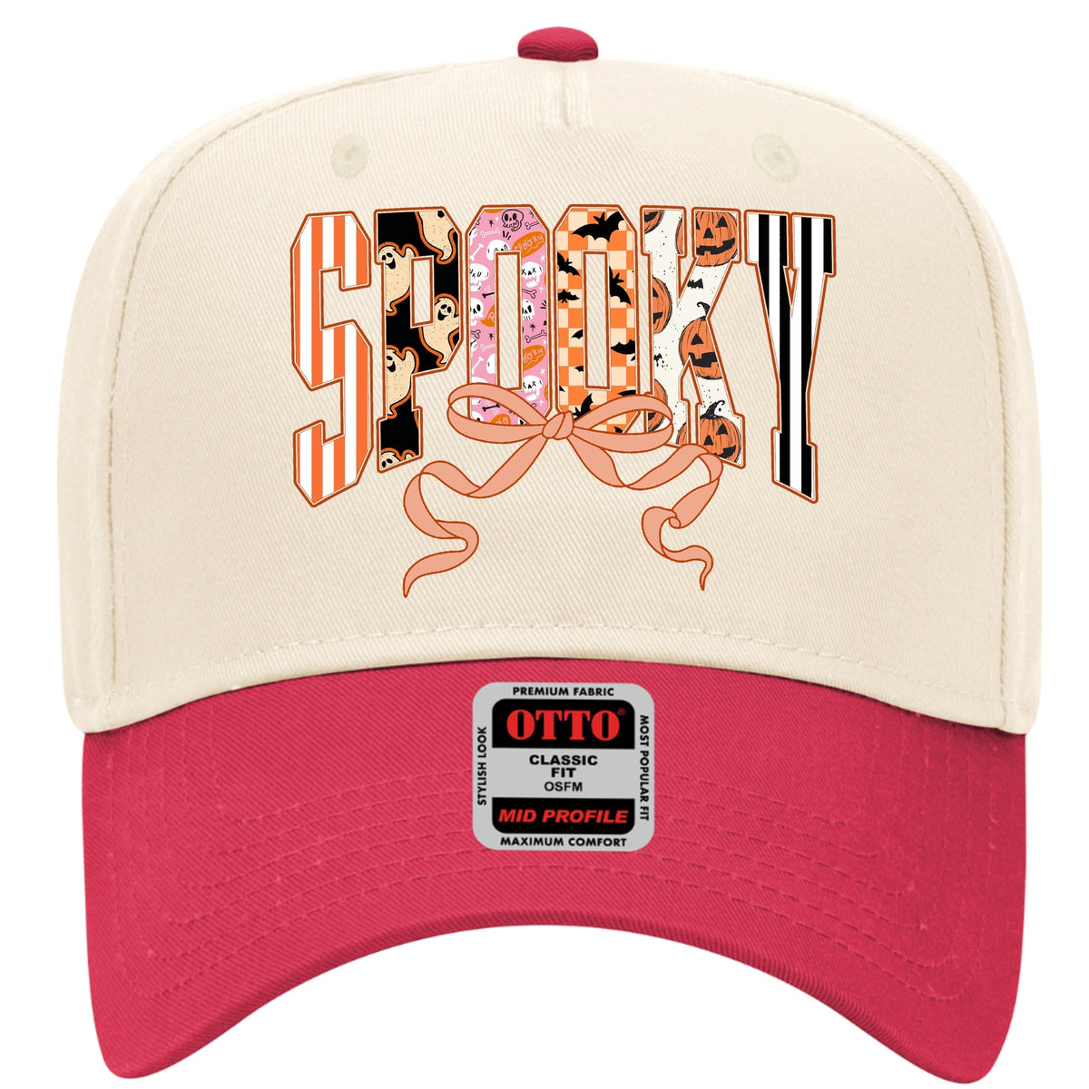 Cute Halloween ‘Spooky’ Print Retro Ghosts & Pumpkins with Ribbon Printed Trucker Hat