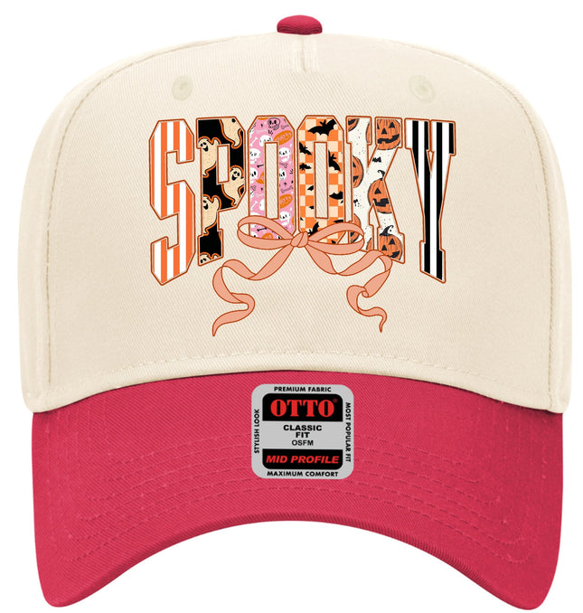 Cute Halloween ‘Spooky’ Print Retro Ghosts & Pumpkins with Ribbon Printed Trucker Hat