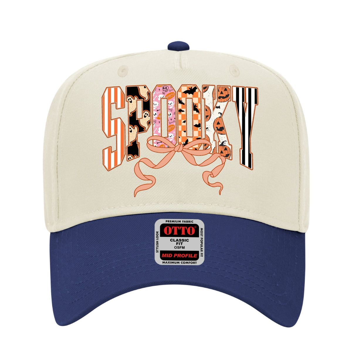 Cute Halloween ‘Spooky’ Print Retro Ghosts & Pumpkins with Ribbon Printed Trucker Hat