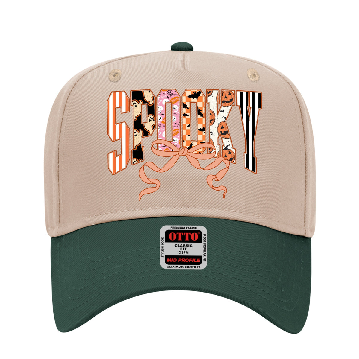 Cute Halloween ‘Spooky’ Print Retro Ghosts & Pumpkins with Ribbon Printed Trucker Hat