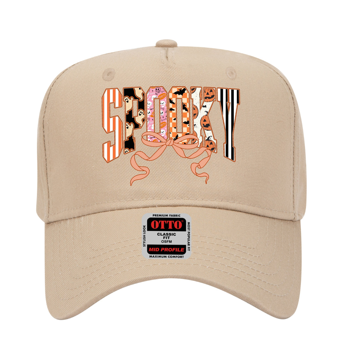 Cute Halloween ‘Spooky’ Print Retro Ghosts & Pumpkins with Ribbon Printed Trucker Hat