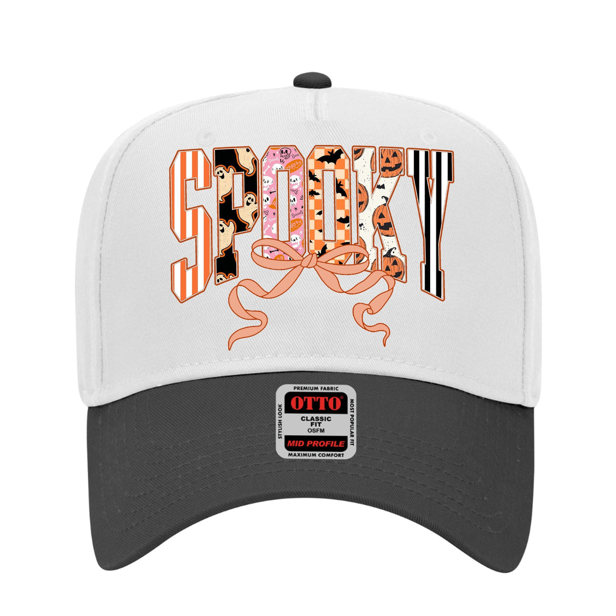 Cute Halloween ‘Spooky’ Print Retro Ghosts & Pumpkins with Ribbon Printed Trucker Hat