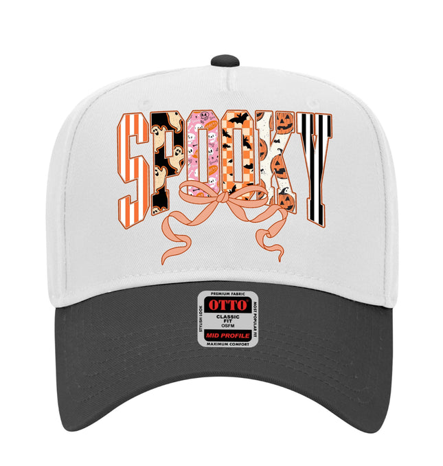 Cute Halloween ‘Spooky’ Print Retro Ghosts & Pumpkins with Ribbon Printed Trucker Hat