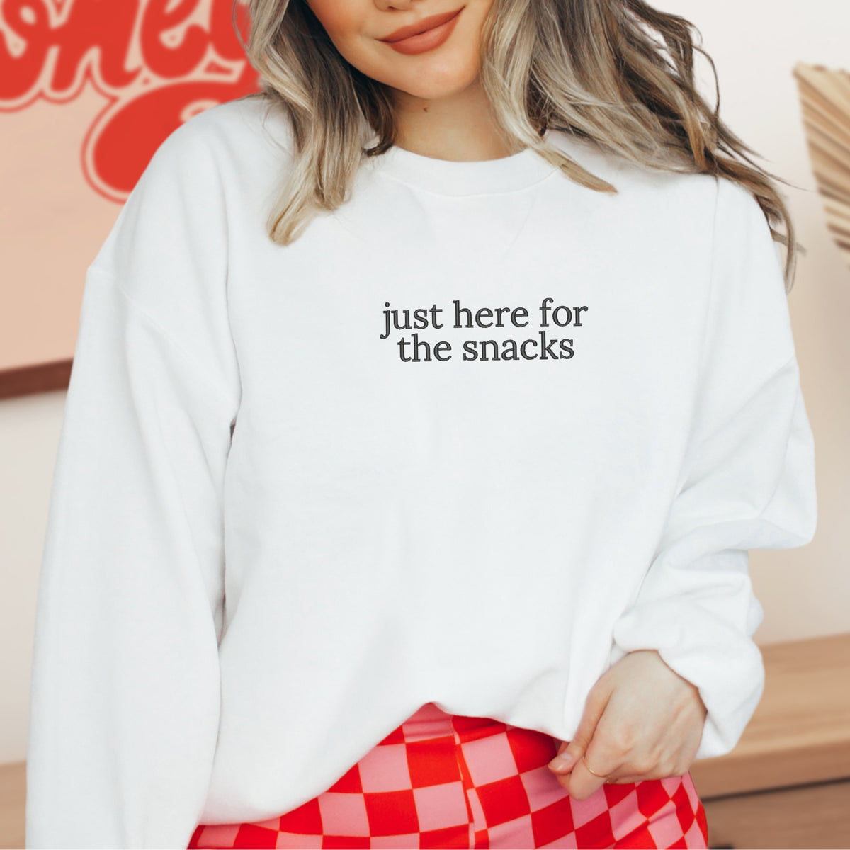 Just Here For The Snacks Embroidered - Adult Crewneck Sweatshirt