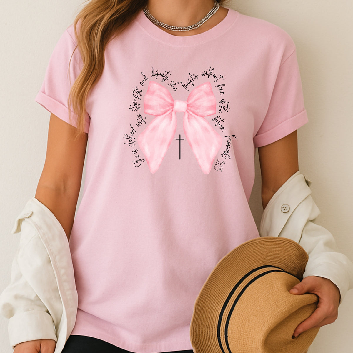 Proverbs 31:25 Verse Bow Pink - Adult Softstyle T-Shirt